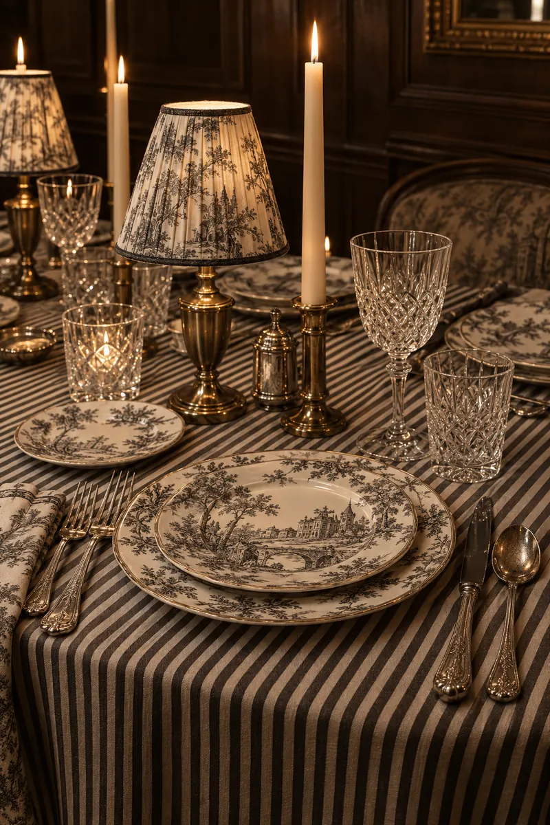 Pattern-on-pattern tabletop with toile porcelain and pleated lampshades