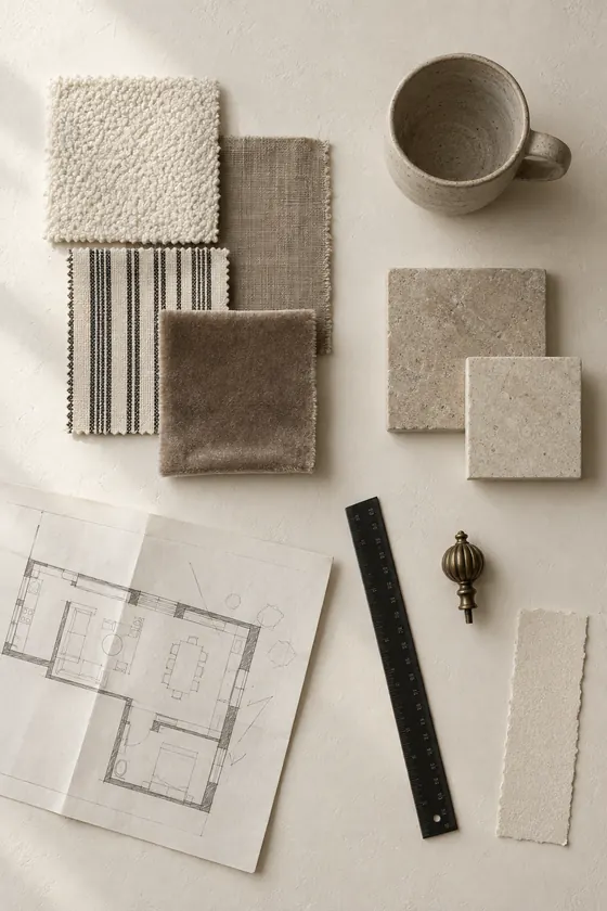 Flat lay of ivory and taupe textile swatches