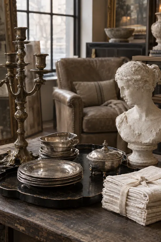 Antique dealer's booth with brass and hotel silver