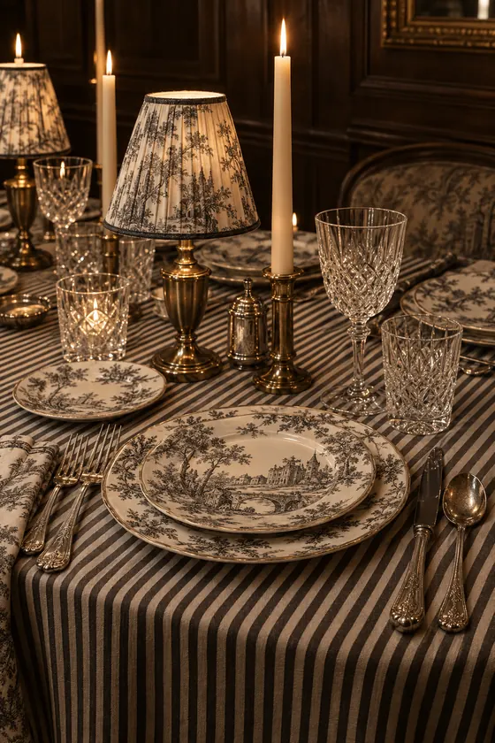 Toile porcelain and pleated lampshades
